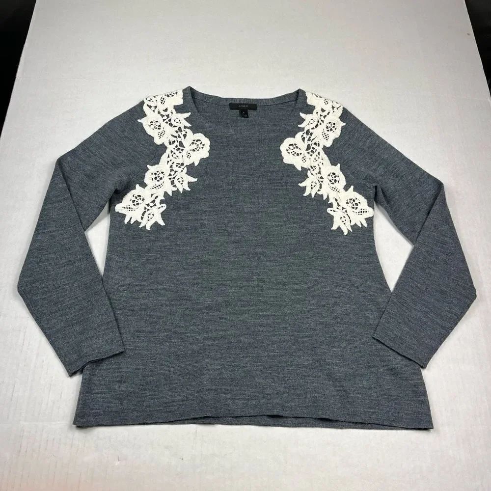 J.Crew Womens Wool Blend Sweater Blue Lace Trim Crew Neck Long Sleeve SMALL